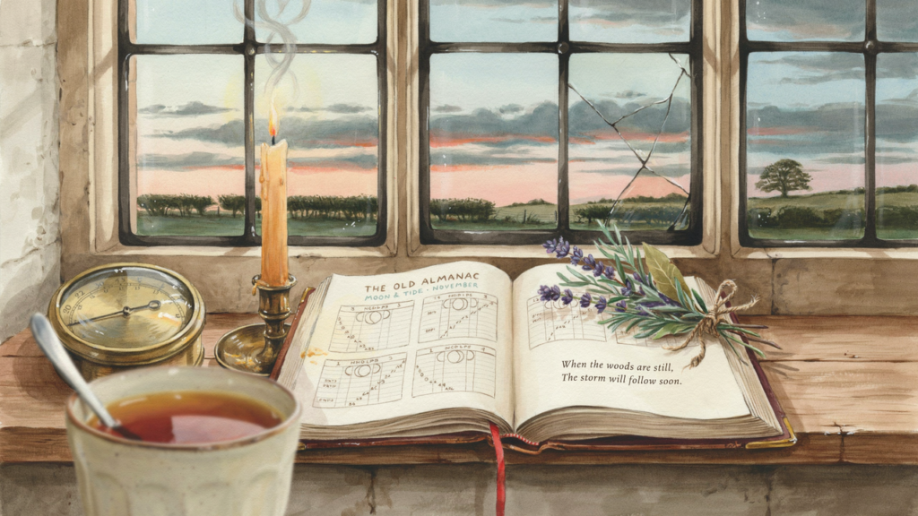 Illustration
Old almanac, candle, dried herbs and brass barometer on a cottage windowsill with a red sky outside.