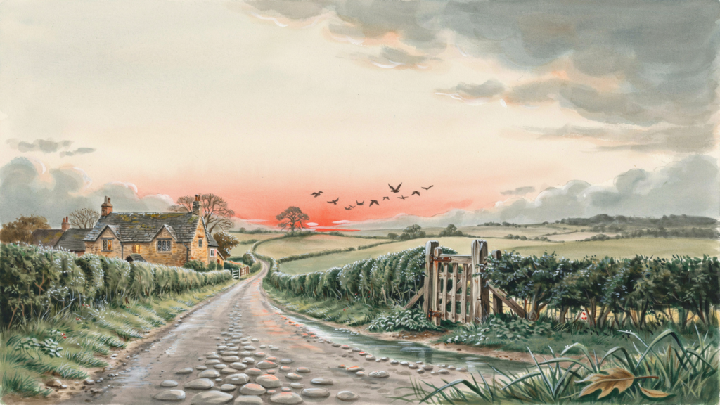 Red sunrise over a quiet British village lane with dark clouds gathering beyond the hedgerows.