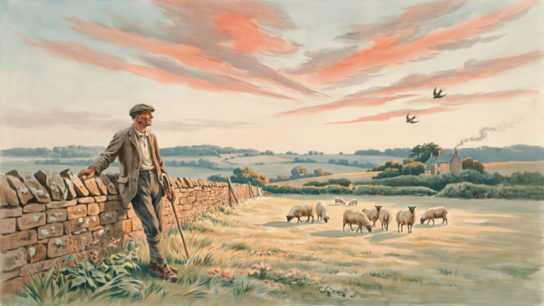 Shepherd with sheep in a British field beneath a red evening sky, illustrating the folklore saying red sky at night.