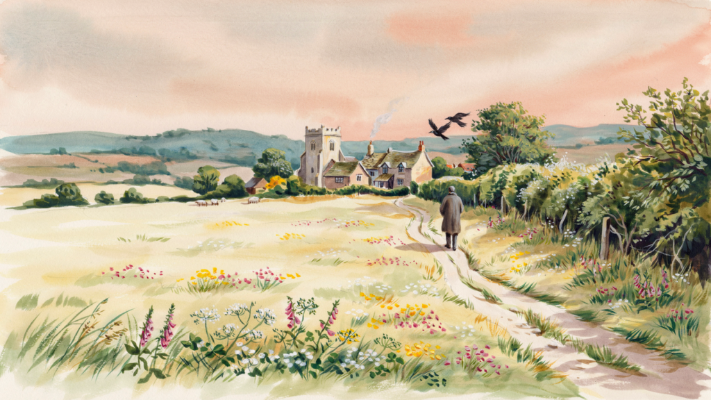 Winding countryside footpath leading towards village cottages and a small church under a soft red sky at night.