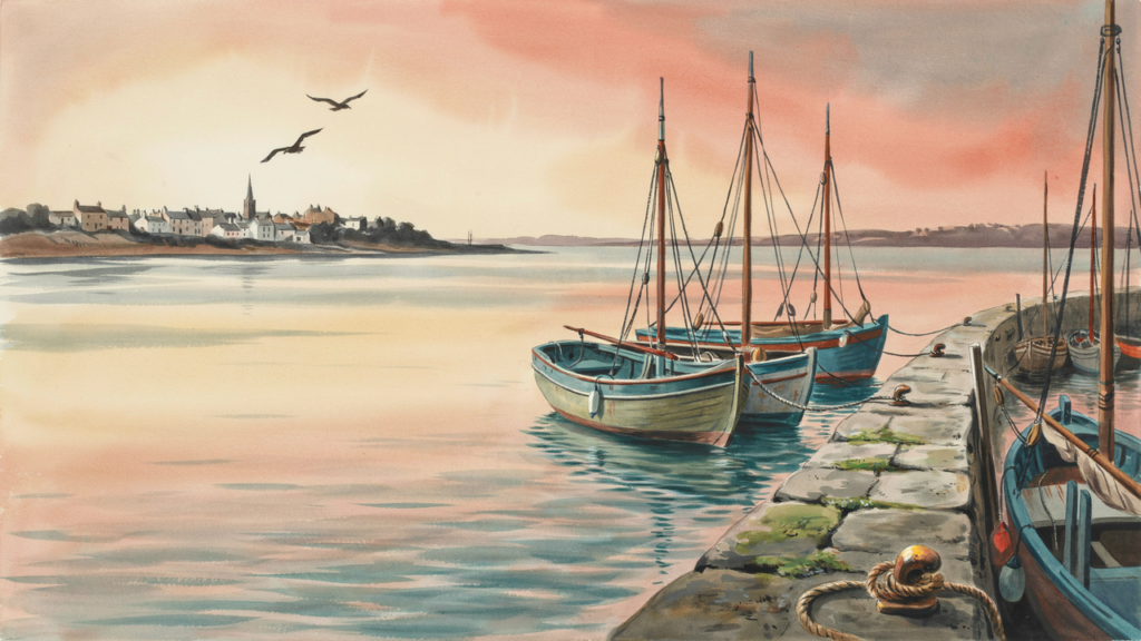 British harbour at sunset with fishing boats tied beside a stone quay beneath a red evening sky.