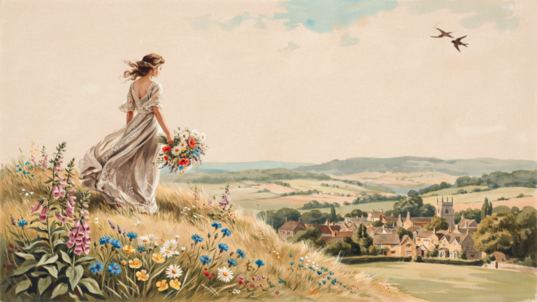 A bride on a hilltop above a Cotswold village on her wedding morning, her dress lifting in the breeze and wildflowers in her hand, evoking the folklore of an English country wedding.