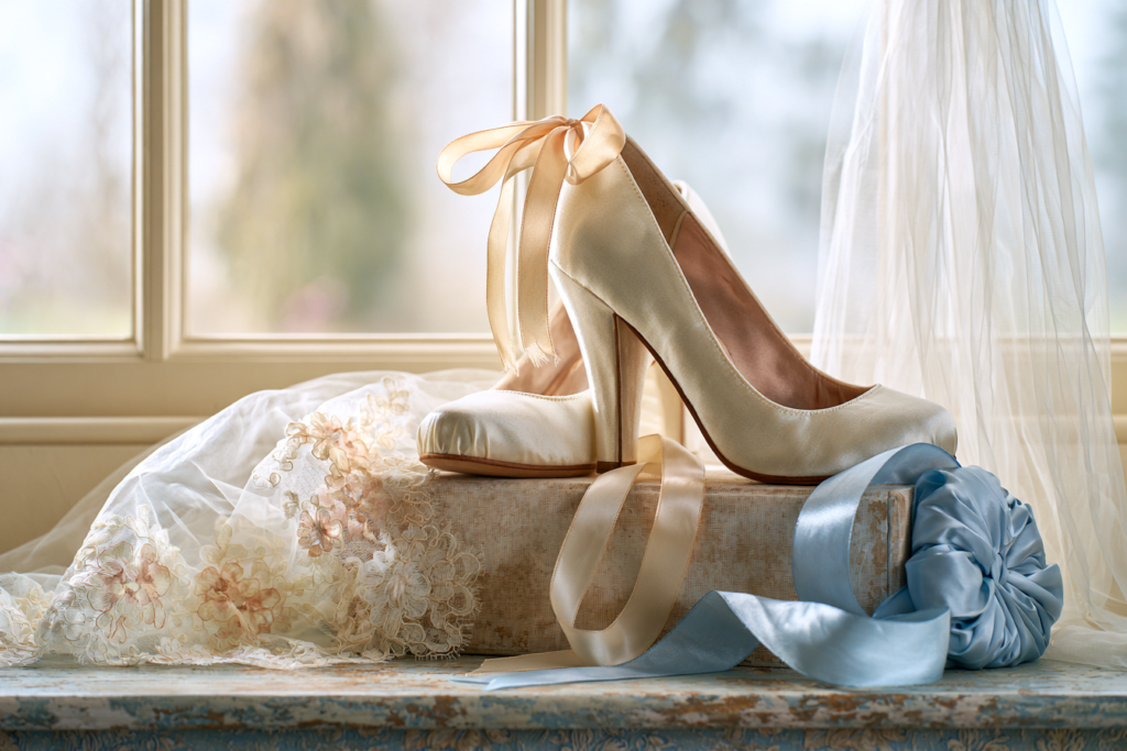 A pair of ivory bridal shoes by a cottage window with a small silver coin on the floor, recalling the custom of a sixpence in the bride's shoe.