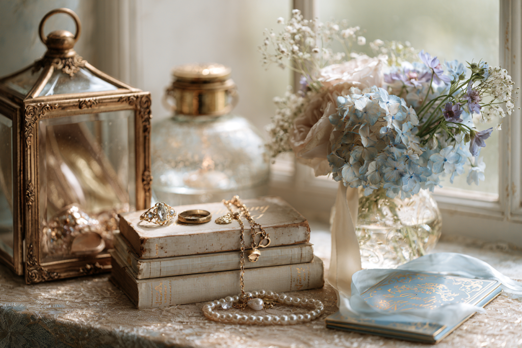 A bride's dressing table with an antique brooch, pearls, a lace handkerchief and a posy on a summer wedding morning.